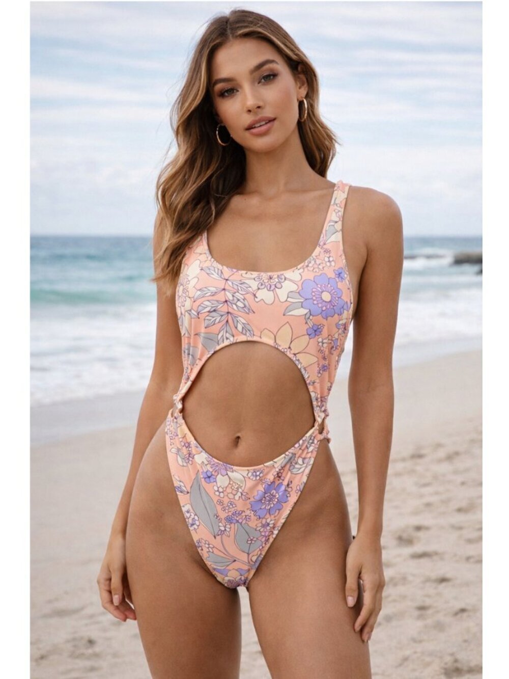 Triangl Swimsuit One Piece Orange Pink Floral Cut Out Design Summer Small